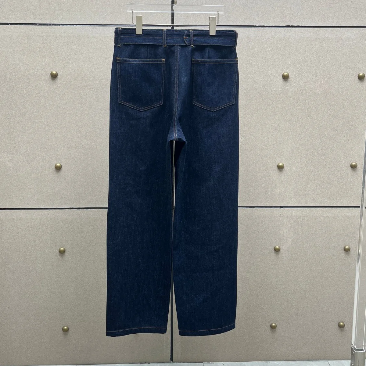 High Quality Women Dark Denim Wide Leg Jeans With Belt High Waist Stitch Detail Straight Long Denim Pants