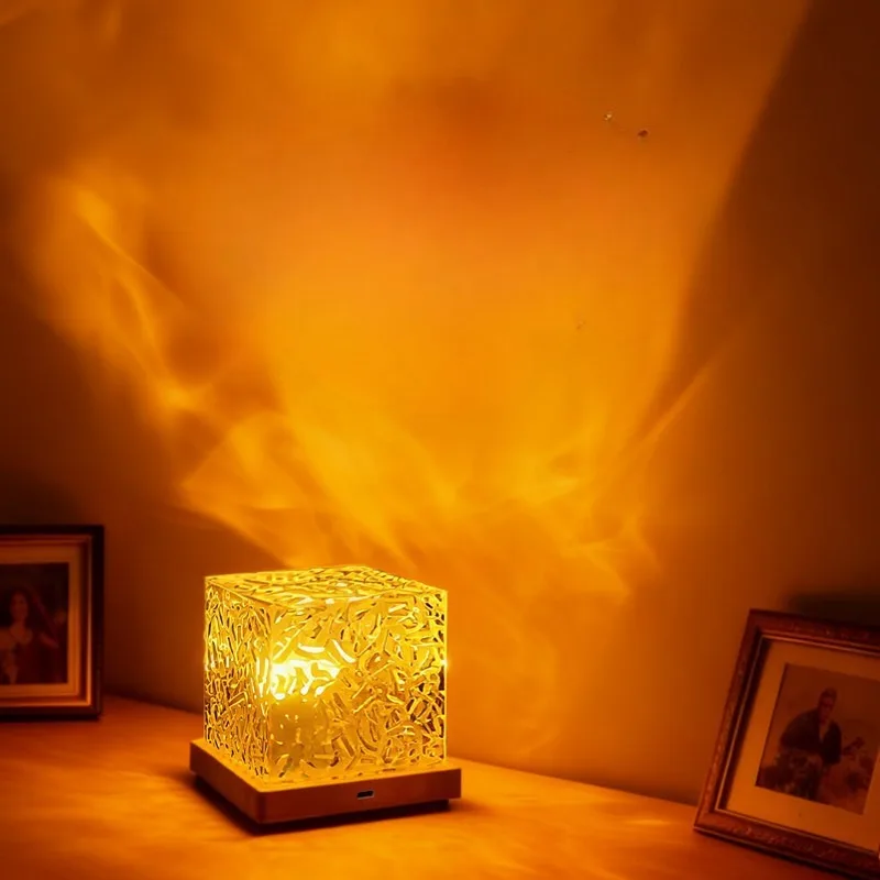 

Square Water Ripple Ambient Light Night Light Creative Bedside Bedroom Flame Aurora Dynamic Table Lamp Dimmable Romantic Light