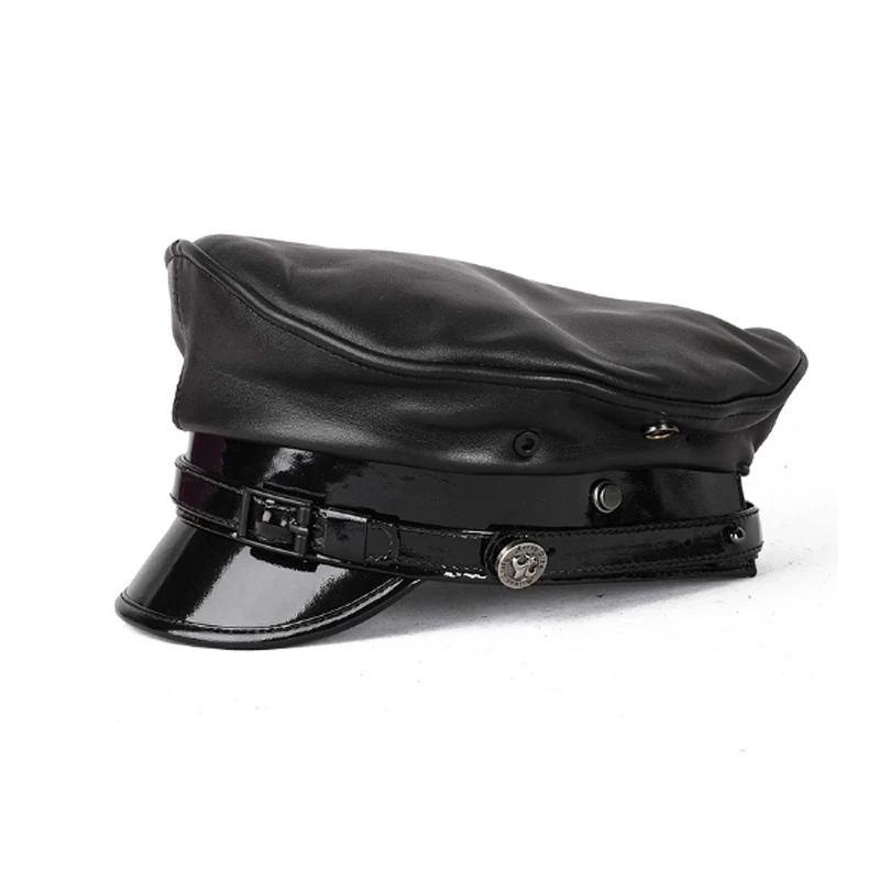 Luxury Lambskin Hat Men Male Germany Officer Visor Black Locomotive Retro Military Hat Patent Leather Cortical Casquette