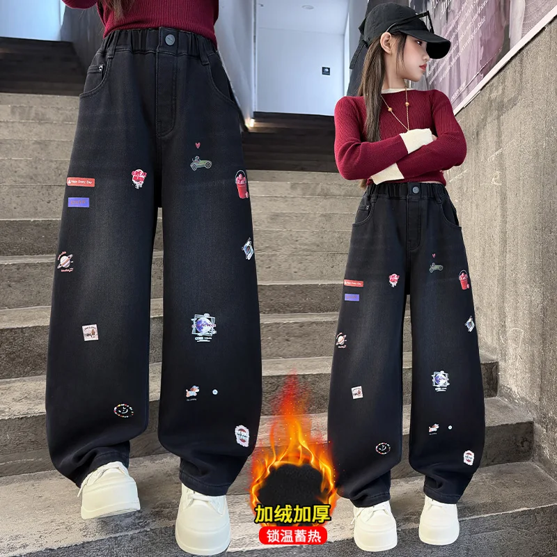 

Autumn Girls' Jeans Cartoon Embroidered Children Denim Pants New Kids Loose Straight-leg Trousers Teenager Warm Clothing 4-14Y