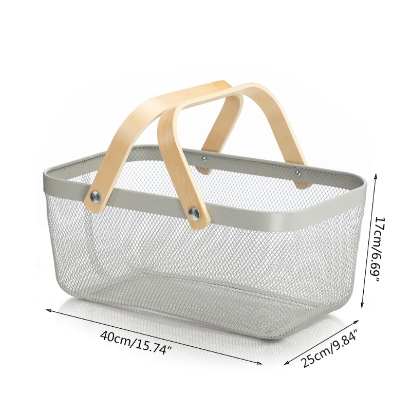 Nordic Metal Mesh Fruit Basket Bin with Double Wooden Handle Kitchen Wrought Iron Rectangle Storage Dropshipping