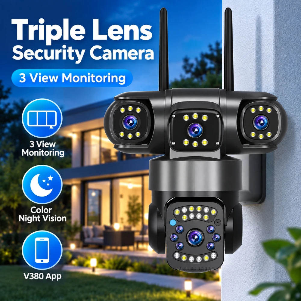 Triple Lens Security Camera Outdoor WiFi HD 6MP PTZ IP66 Waterproof V380 App Color Night Vision Motion Alert Two Way Audio DC12V