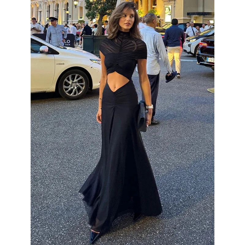 

Сексуальное платье макси с короткими рукавами, женское модное облегающее платье с круглым вырезом и рюшами и высокой талией, клубное вечернее длинное платье, женское