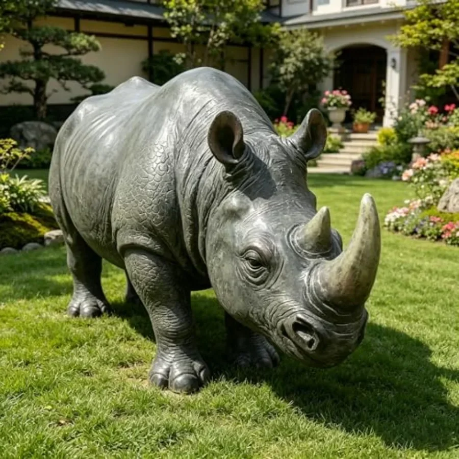 Garden lawn wildlife decor figurine: 27.5 large realistic resin rhino sculpture in black+grey, durable outdoor patio home accen