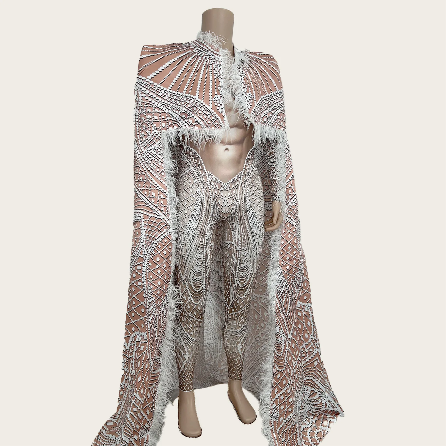 

Club Dress-up White Printed Tight Jumpsuit Feather Long Cloak Unisex Stage Performance Dance Costume Set Men And Women Xuenan