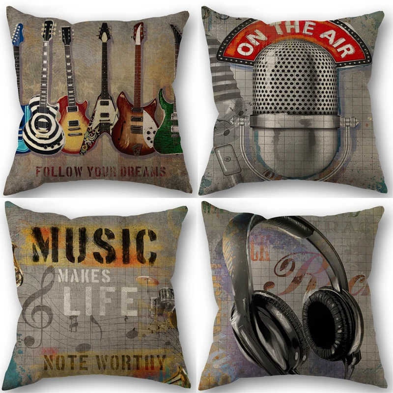 Guitar Music Instrument Heart Graffiti Illustration Pillowcase Cotton Linen Fabric 45x45cm One Side Decoration Pillow Cover