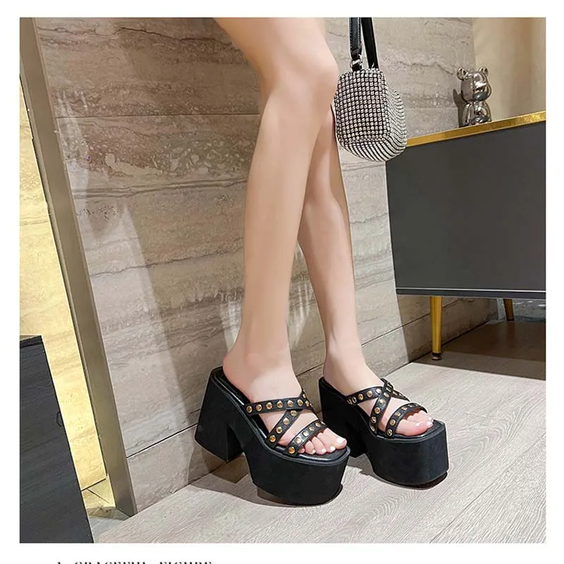 

11cm Chunky Heeled Slippers Black Platform Sandals Women High Heels Summer Rivet Ladies Shoes Punk Block Sandalias Mujer