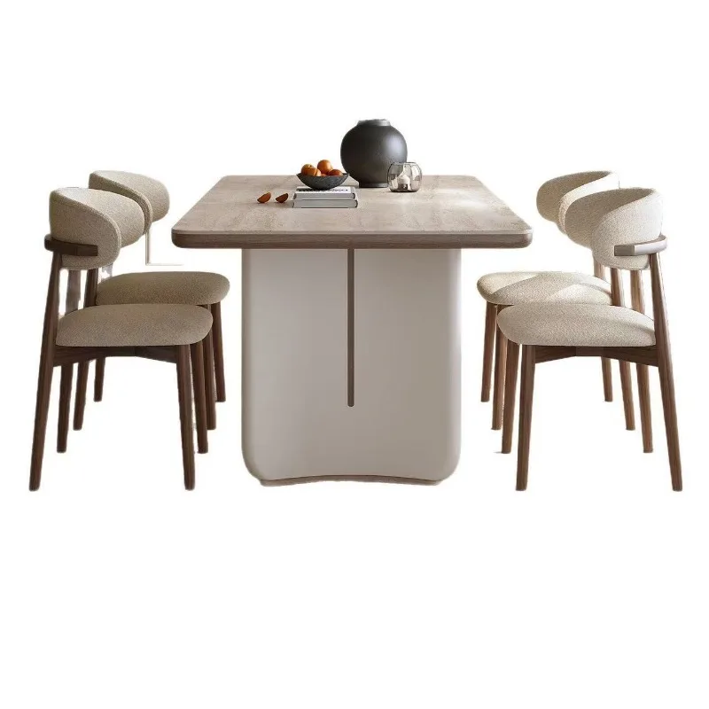 

Dining table Household solid wood dining chair Cream style small apartment rectangular simple travertine rock slab dining table