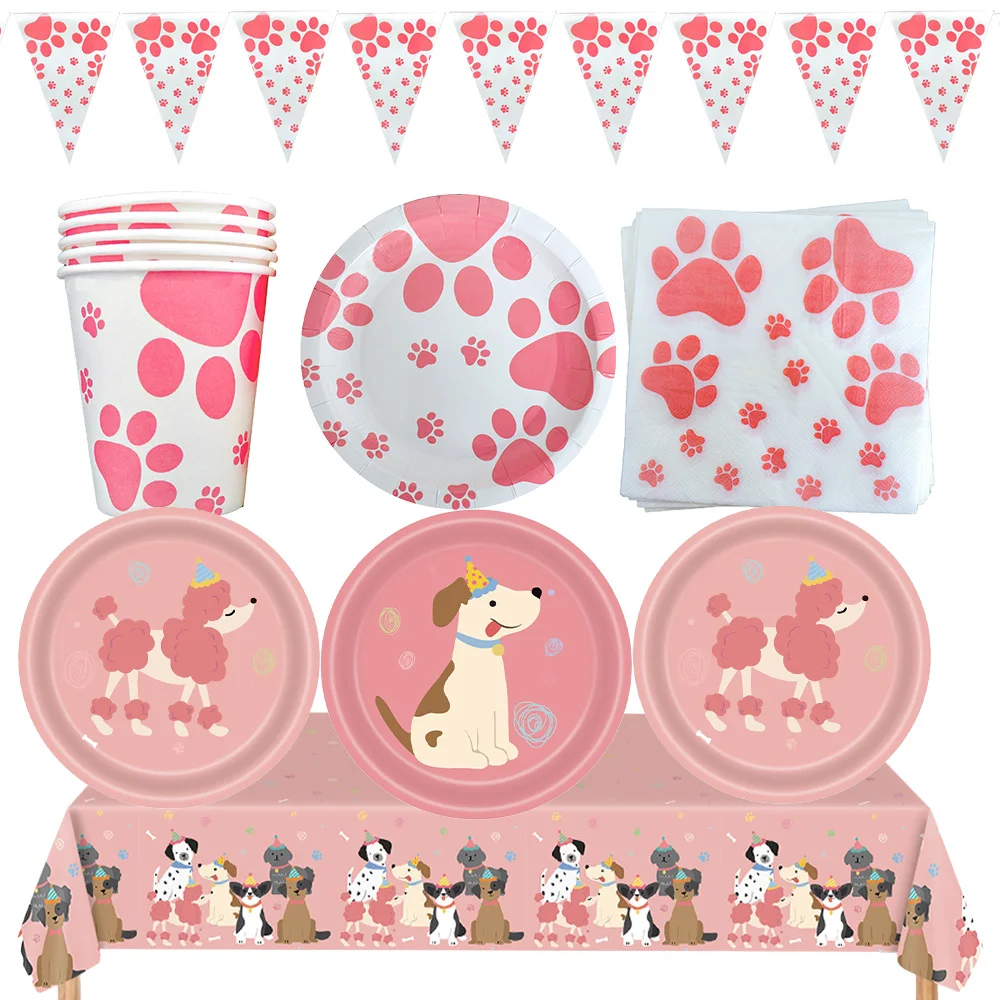 Rosa Hunde-Party-Set: Teller, Becher, Servietten, Tischdecke, Pfoten-Tischgeschirr, Hundeparty-Dekoration, Welpen-Geburtstagsparty-Zubehör