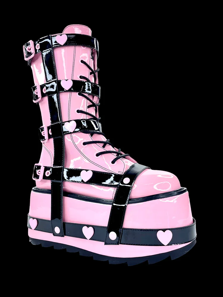 Pink and Black Flat Platform Heart Mid Calf Boots Lace up Round Toe Leather Cute Short Boots Big Size Design Party Lolita Shoes