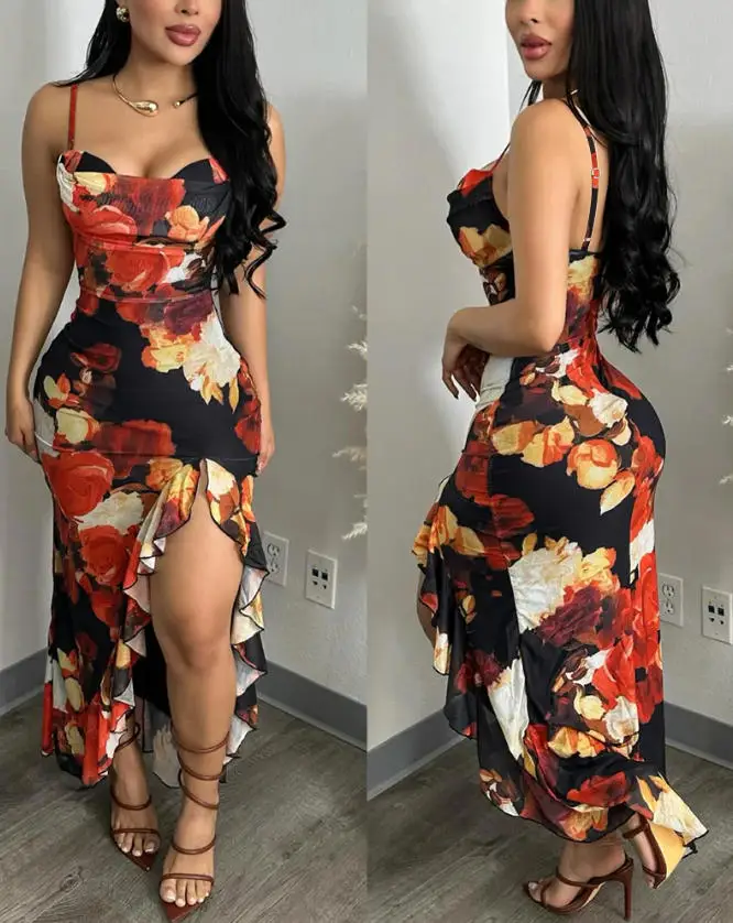 

Women's Dress 2026 Spring New Fashion Printed Mesh Pleated High Waist Sleeveless Tight Fitting Ruffles Irregular Hem Long Dress