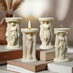 3D Roman Princess Cylindrical Candle Silicone Molds Greek Athena Statue DIY Minimalist Column Gift Gypsum Resin Mold Home Decor