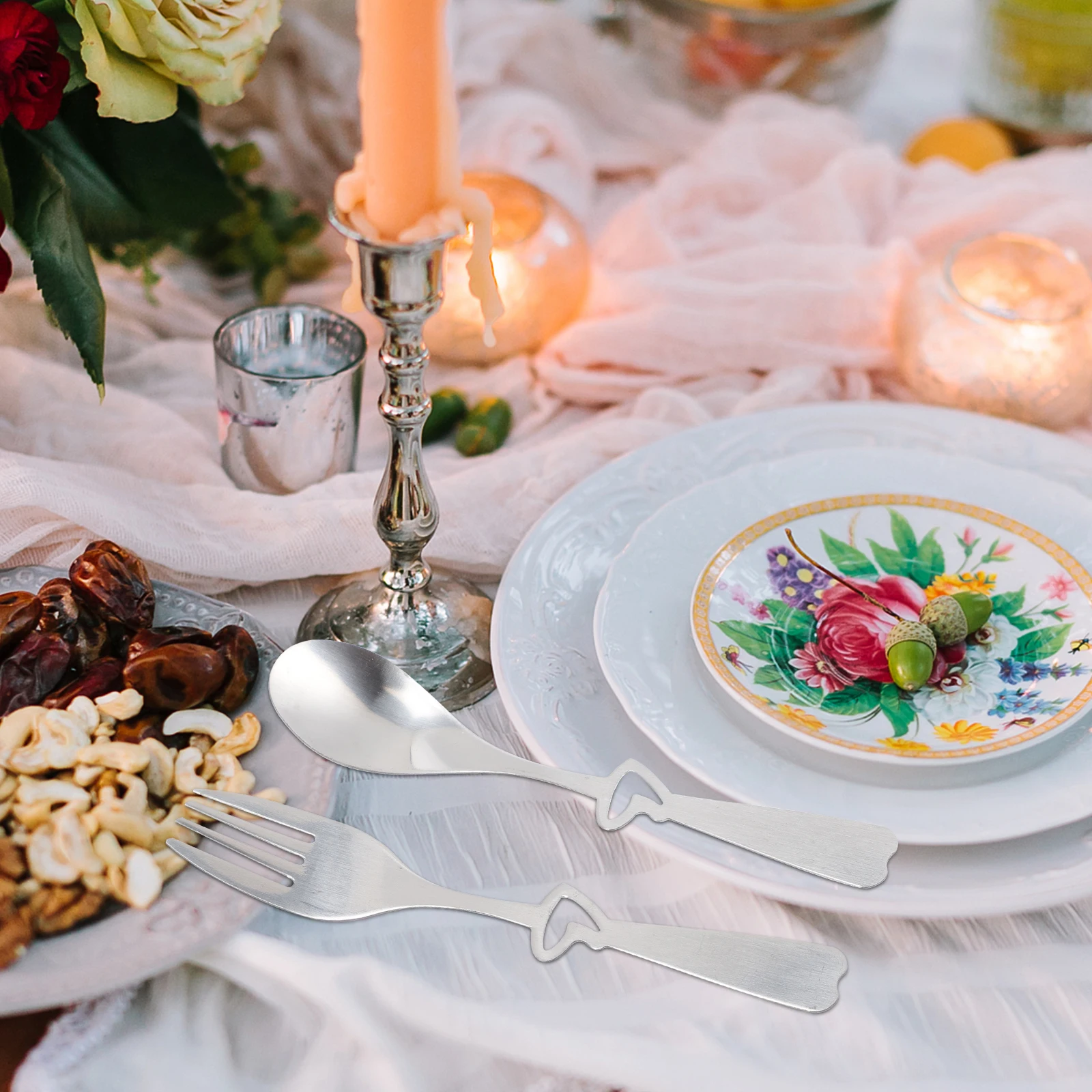 

Heart Shaped Fork Spoon Set Stainless Steel Wedding Decorations Romantic Cutlery Gift for Reception Party Decor Silver Tone