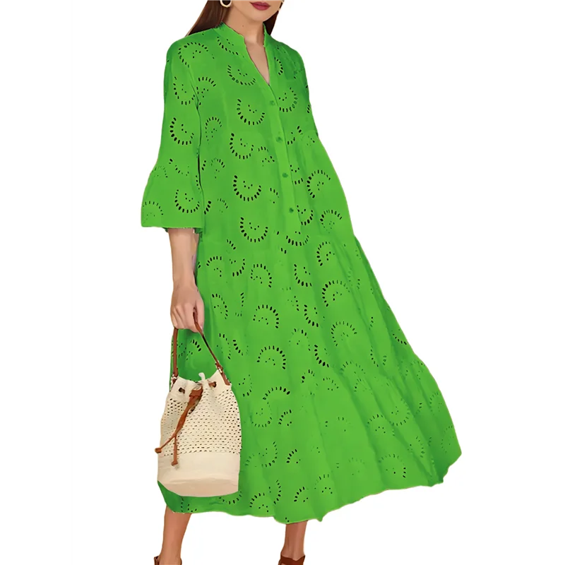 Nuevo vestido largo con bordado de ojales de encaje 2025 para mujer, vestido bohemio fluido con cuello en V y manga trompeta