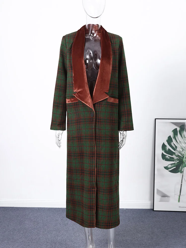 Collar Plaid Woolen Coat Wool Patchwork Trench Overcoat Retro Straight Tube Contrast Color Cardigan Outwear Spring Autumn