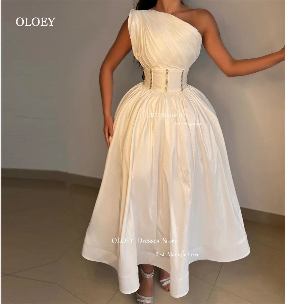 

OLOEY One Shoulder Satin Evening Dresses Dubai Arabic Women Belt Ankle Length Formal Party Dress Prom Gowns Simple Vestidos