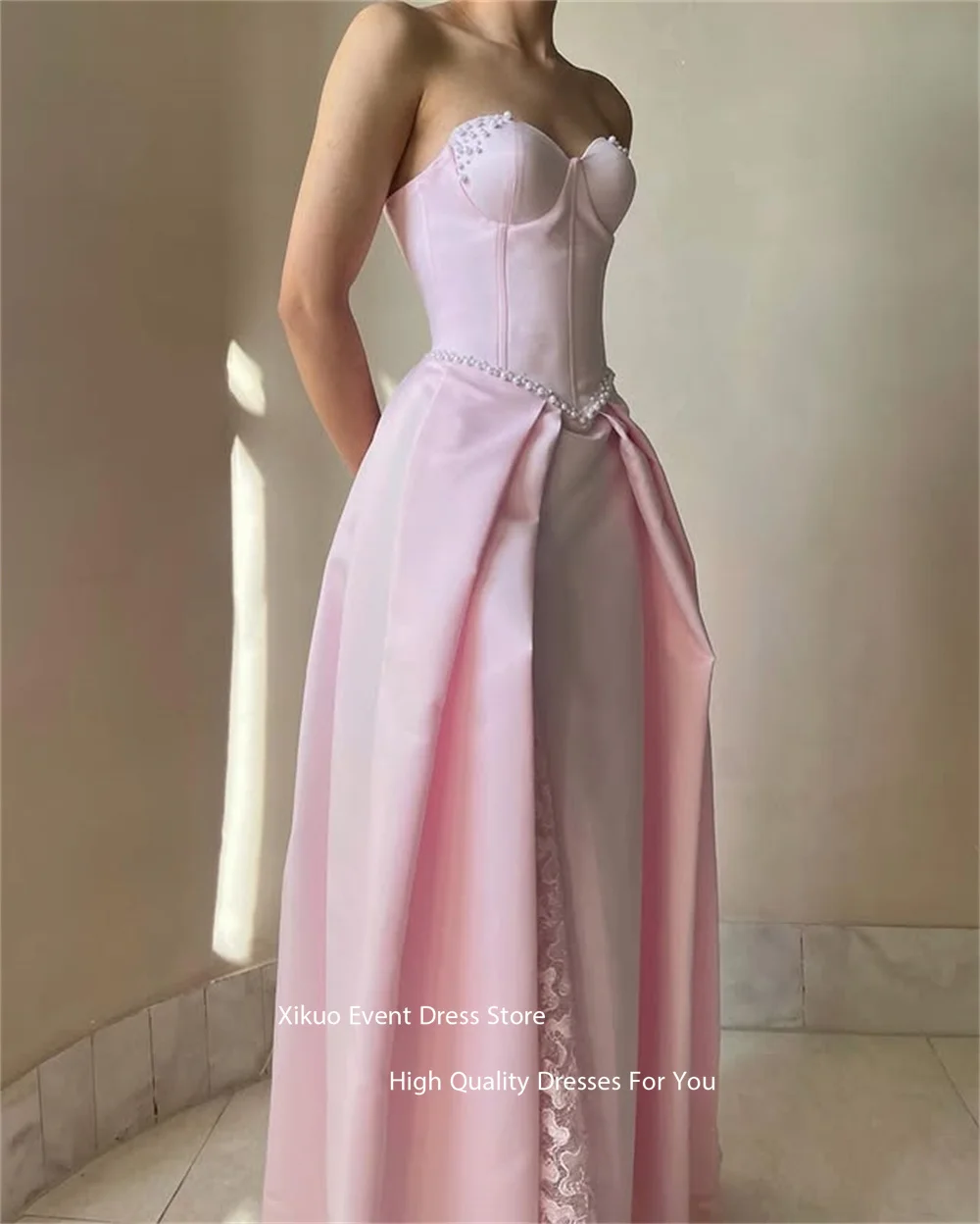 Xikuo Pink Modern Appliques Evening Dresses Pearls A Line Robe De Soirée Femme Pleated Sweetheart Robe De Soirée Customized
