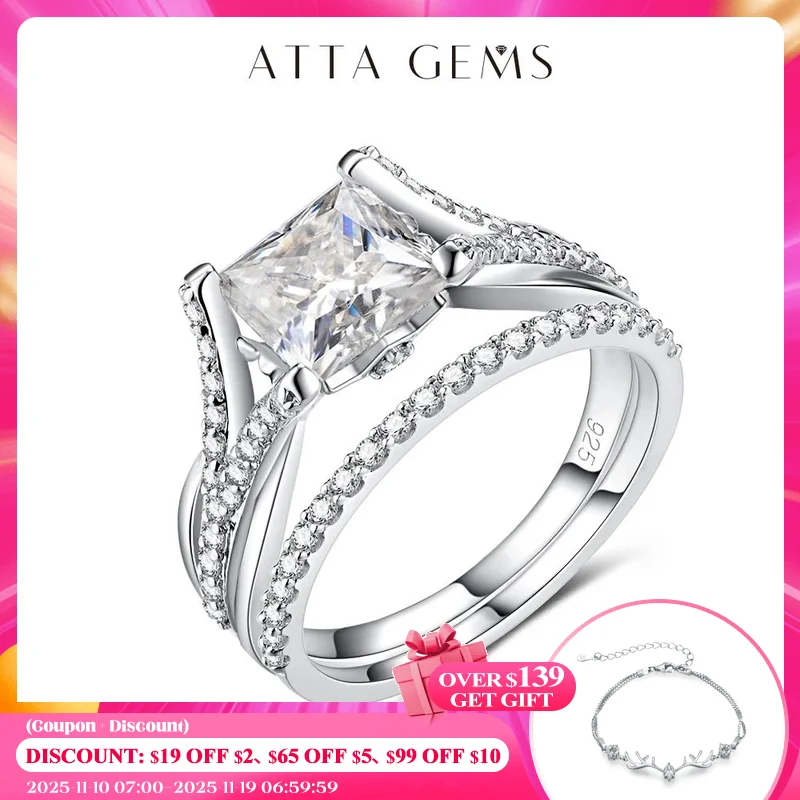 

ATTAGEMS кольца с муассанитом, обручальные кольца на свадьбу, 7 мм, огранка принцессы, муассанит D, цвет VVS, 0,3 карата для женщин, набор колец, подарок