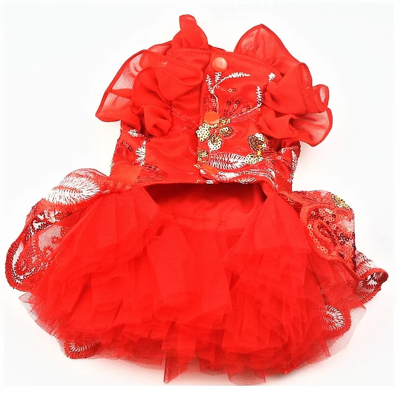 Handmade Dog Clothes Pet Supplies Wedding Dress Red Sequins Embroidered Flowers Lace Tulle Skirt Party Holiday One Piece