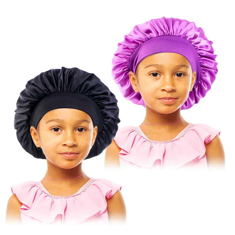 2PCS/LOT Kids Girls Boys Satin Night Sleep Cap Wide Band Elastic Turban Headwear Bonnet Hair Care Beanie Nightcap Scarf Bandana