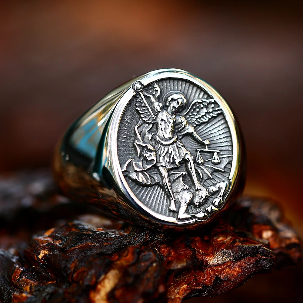 Catholic Angel Michael Ring 316L Stainless Steel Knight Saint Michael Protect Rings For Men Women Amulet Jewelry Gift Wholesale