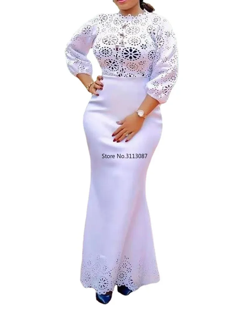 African Dresses for Women 2024 African Women Long Sleeve O-neck White Color Plus Size Long Dress African Clothes S-5XL