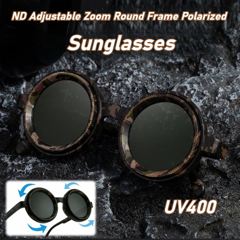 

New ND Adjustable Zoom Round Frame Polarized Sunglasses Neutral Outdoor Driving Fishing Steampunk Style UV400 Sunglasses
