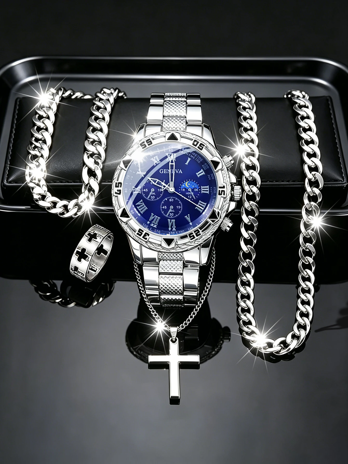 Trendy fashion men's quartz watch with chain accessories set, featuring star pattern design, ideal as a holiday gift