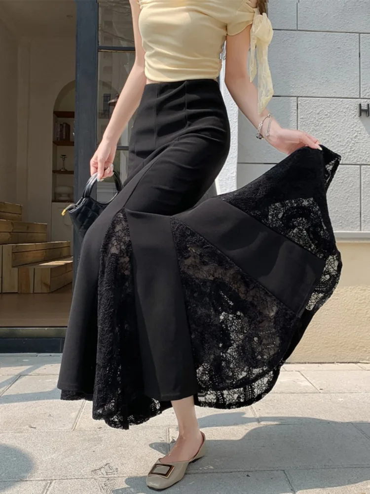 

Черная кружевная юбка-русалка с высокой талией, стройнящая, элегантная, модная, для женщин, летняя, для прогулок по городу, мягкая и удобная