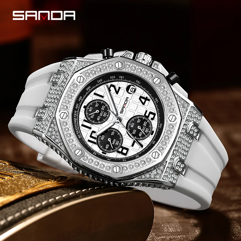 SANDA Quartz Watch For Men Fashion Multifunctional Three Eye Dial Men Watch Luxury Diamond Case Luminous Waterproof Clock Reloj