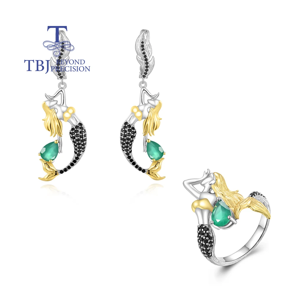 

Gorgeous mermaid-shaped design paired with natural green agate gems ring Earrings Set 925 silver fine jewelry for women and girl