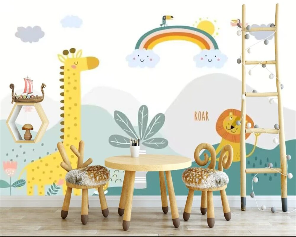 beibehang Customized modern Nordic hand-painted cartoon giraffe animal minimalist children's room background wallpaper