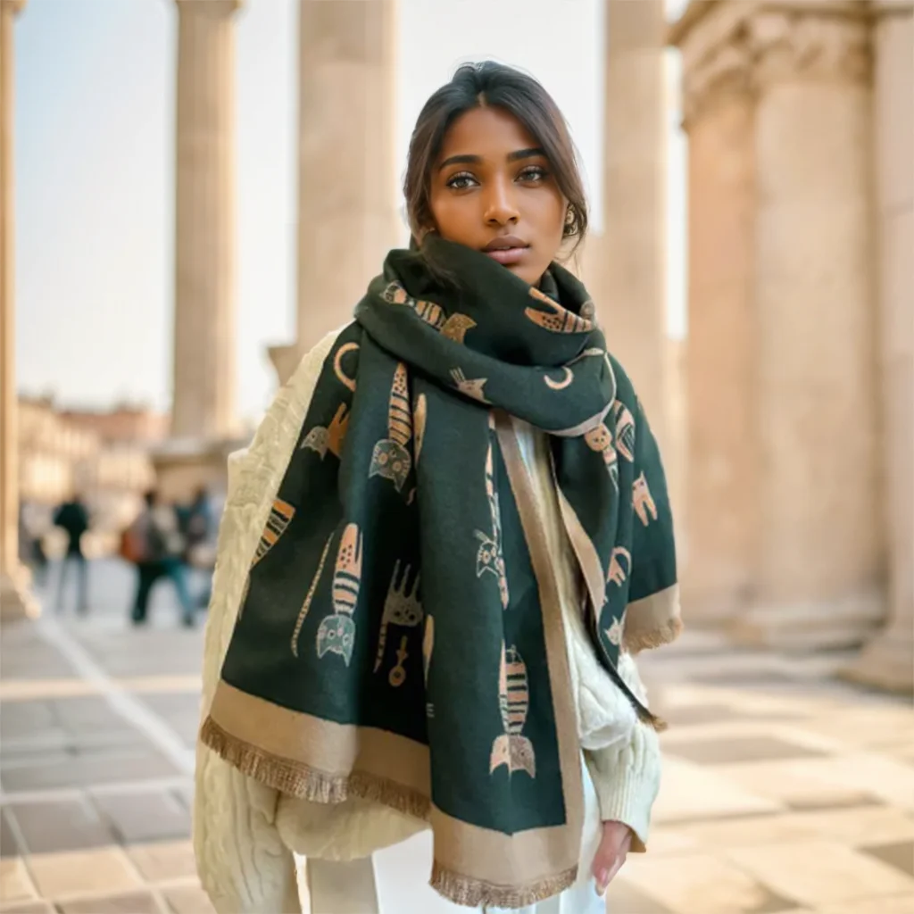 

Cartoon cute cat head pattern, double-sided wearable faux cashmere, thick and warm soft scarf for women in winter, student shawl