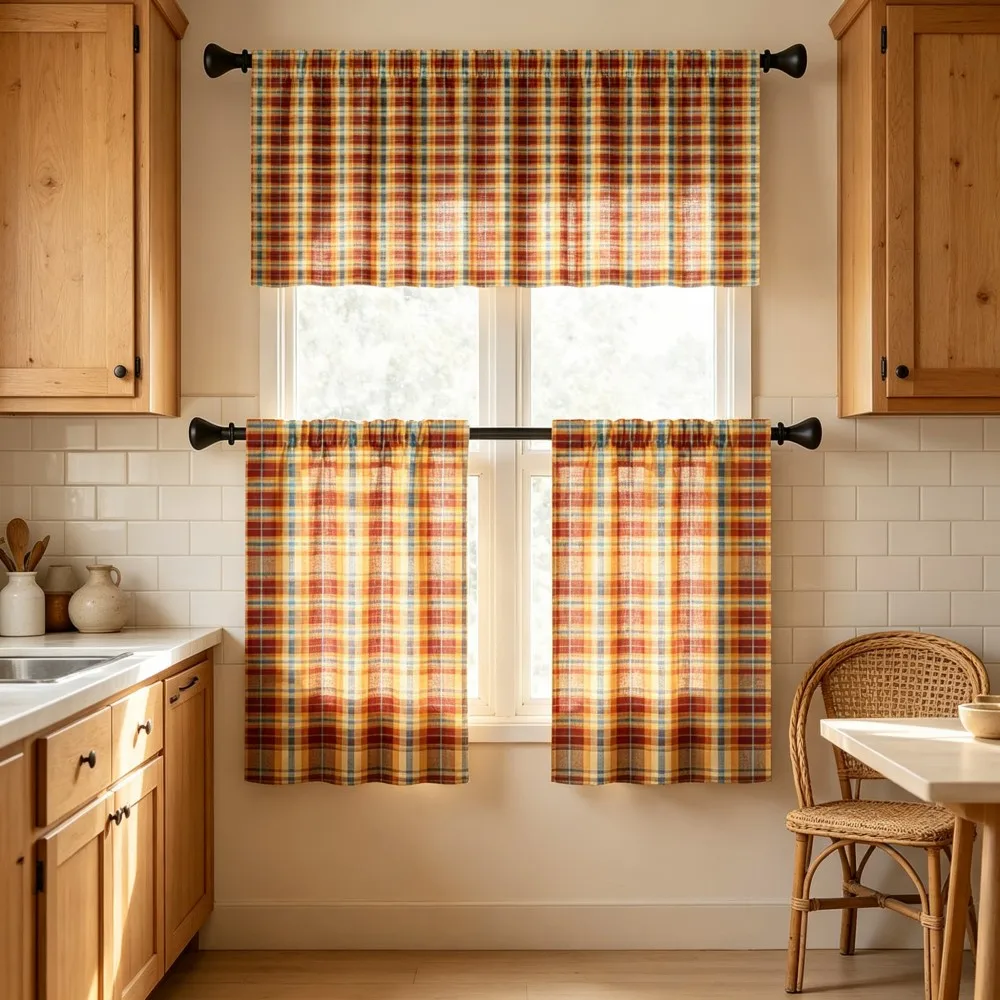 Plaid Kitchen Curtains, Green Brown Yellow Tartan, Digital Print, Kitchen Dining Room, Rod Pocket Polyester, Home Decor