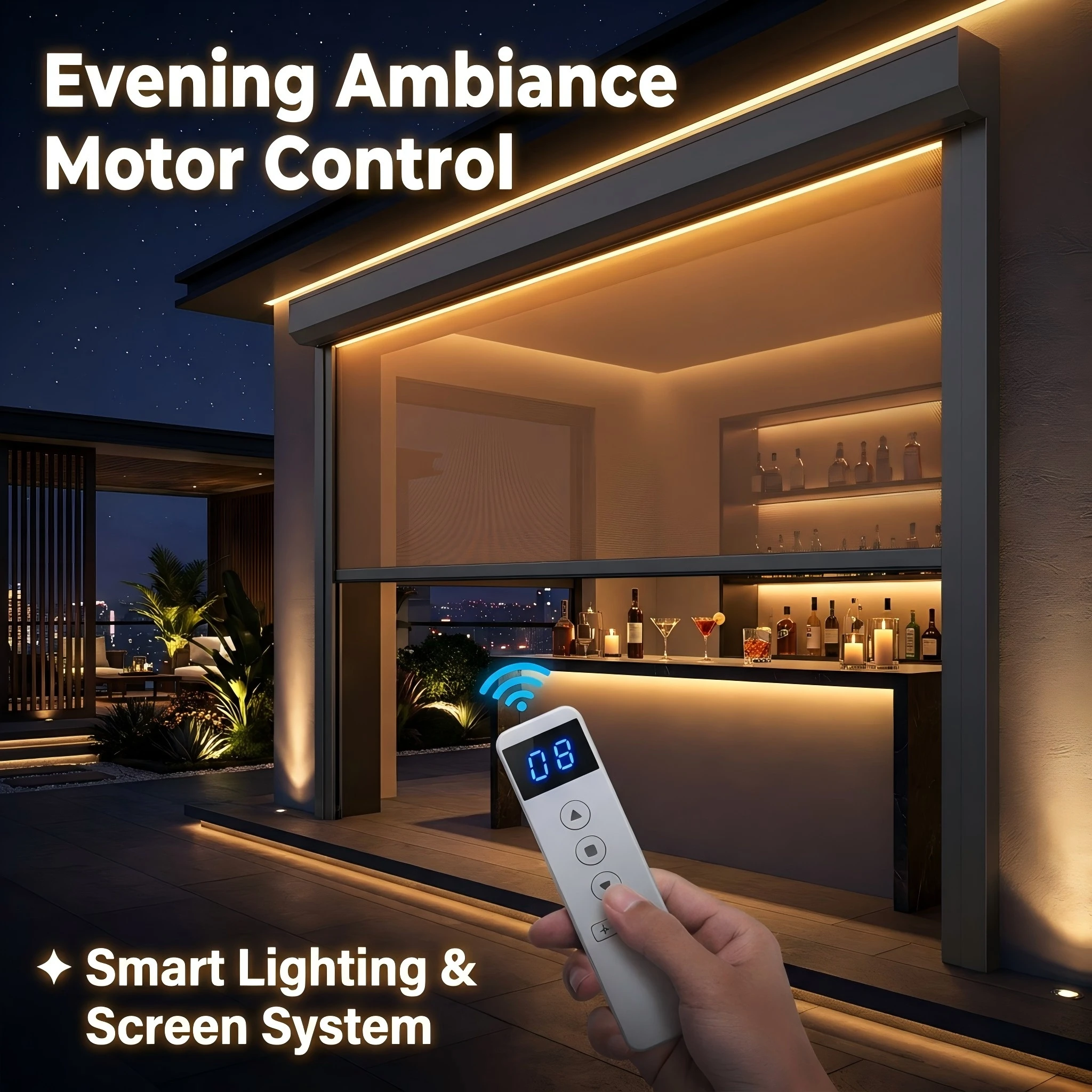 Motorized Outdoor Roller Shades Windproof and Waterproof Smart Motor Remote Control Zip Blinds & Shades Custom Size
