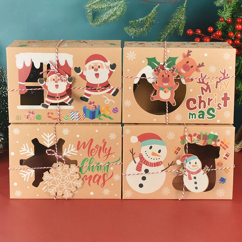 

Christmas Window Kraft Paper Box Merry Christmas Gifts Packaging Cookie Boxes Santa Claus Snowman Xmas New Year Decor Paper Box