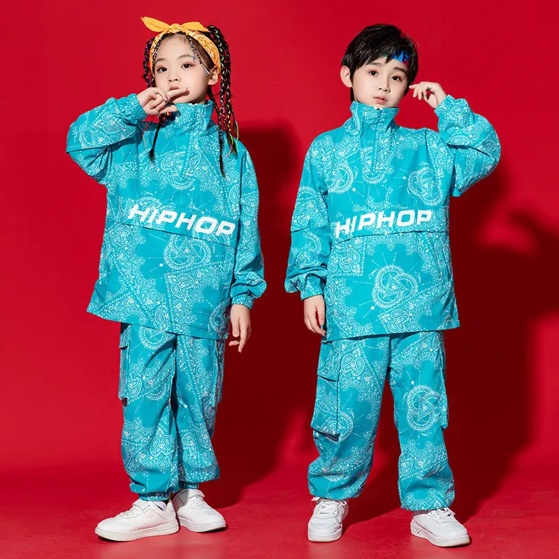 Boy Hip Hop Sweatshirt Joggers Clothes Sets Girls High Collar Paisley Top Cargo Pants Child Street Dance Kids Streetwear Costume