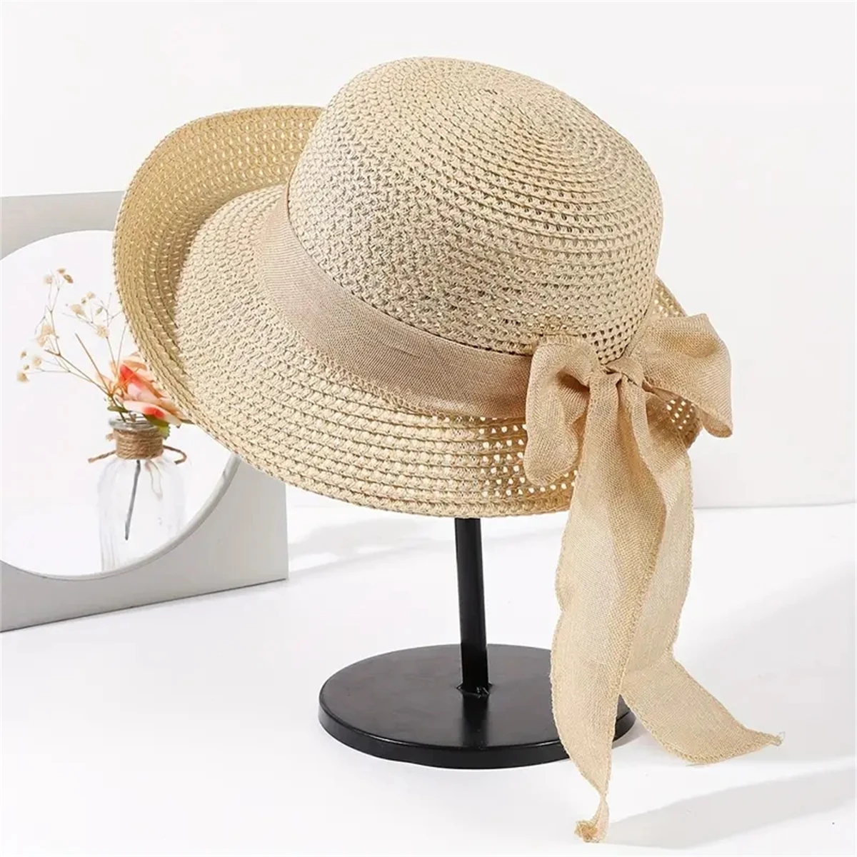 Vintage Sun Hat with Bowknot - Foldable Straw Fedora for Women -ldeal for Outdoor Travel and Beach - Sunscreen Protection