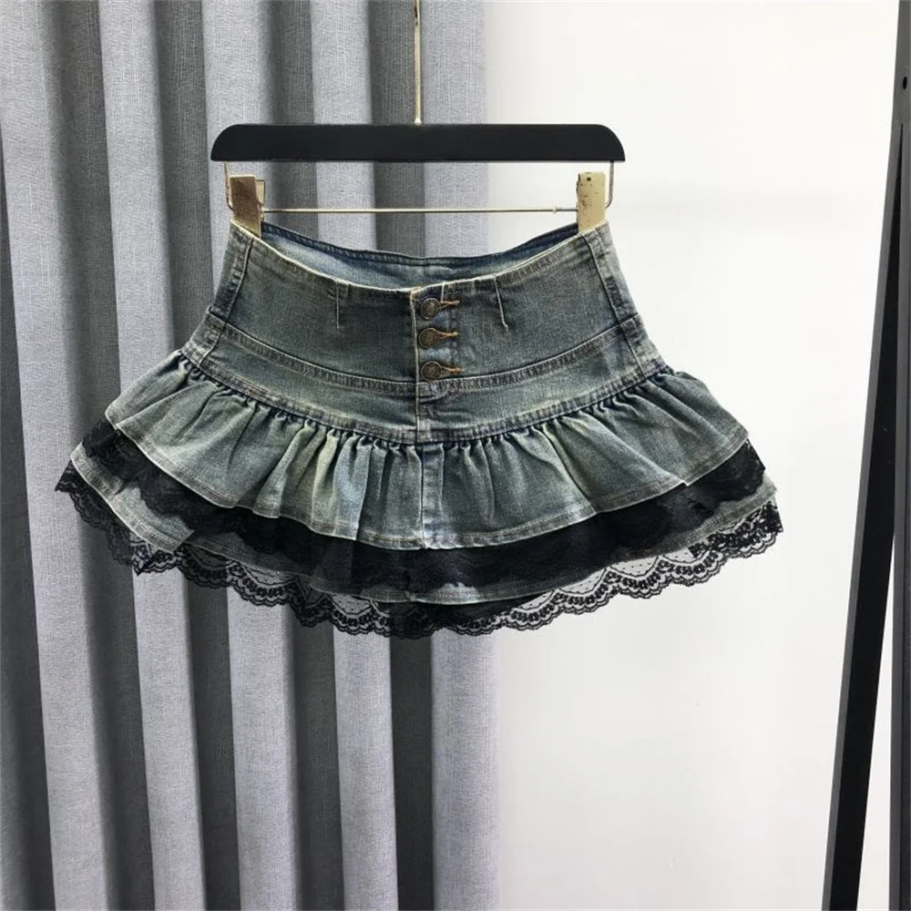 

Корейская мода 2025 года, милая женская винтажная джинсовая плиссированная юбка для девочек, кружевная лоскутная короткая юбка трапециевидной формы, встроенные шорты, юбки