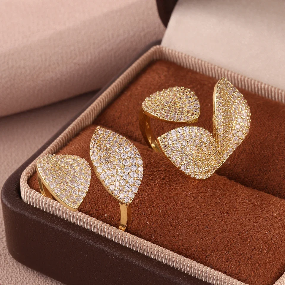 Two Pieces Micro-set Zircon Leaf Flower Open Ring Set for Women Paved Bling CZ Cocktail Party Ring Jewelry Accessories