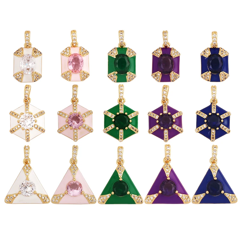 Trendy Vintage 18k Gold Plated Colored Crystal Charm Pendant,Luxury Geometric Cubic Zirconia Necklace Making Jewelry Supply M25