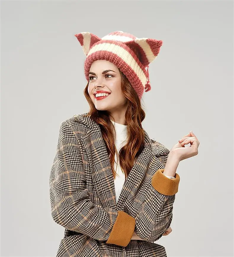 

Head Cap Hugger Toque Stocking Watch Adult Bestseller Thickened all-acrylic Knitted Hat Devil Ears Outdoor Women 2M29