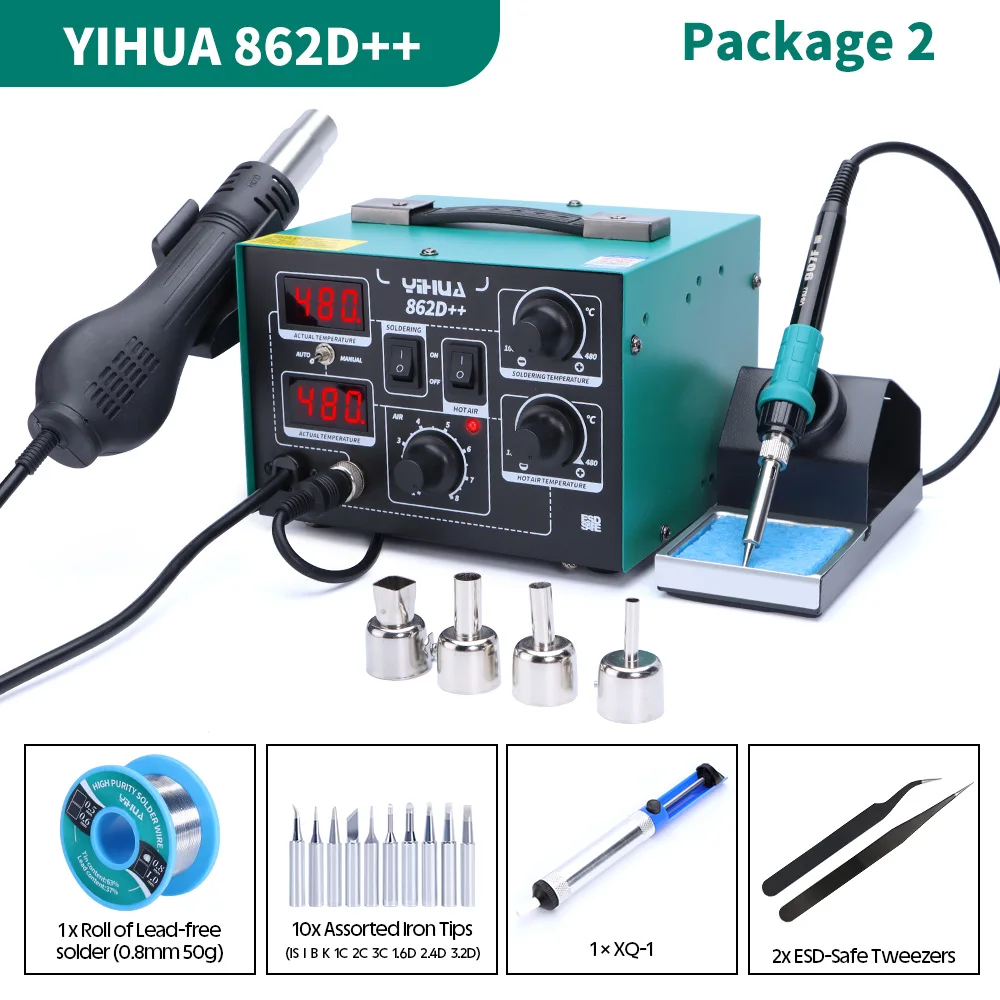 

YIHUA 862D++ Soldering Iron Hot Air 2 in 1 Rework Station BGA SMD Phone Repair Welding Tool with Auto Manual Mode