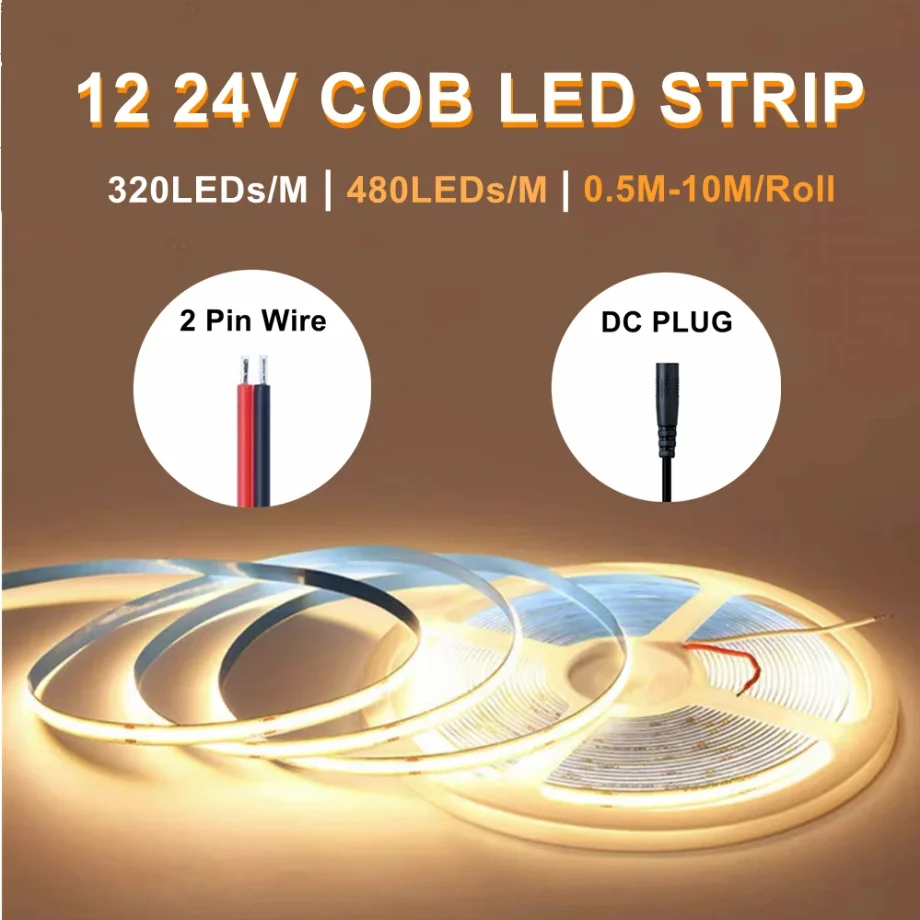 High Density Soft Flexible COB LED Strip Lights 5M 10M DC12V 24V 8mm Neon Tape Light Lamp for Bedroom TV Room Decor