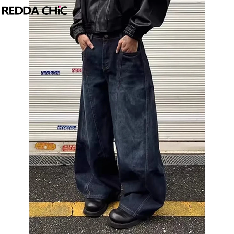 

REDDACHIC Мужские джинсовые брюки-подкова в старом стиле, однотонные усы с высокой талией, широкие мешковатые джинсы в стиле ретро, уличная одежда в стиле Харадзюку