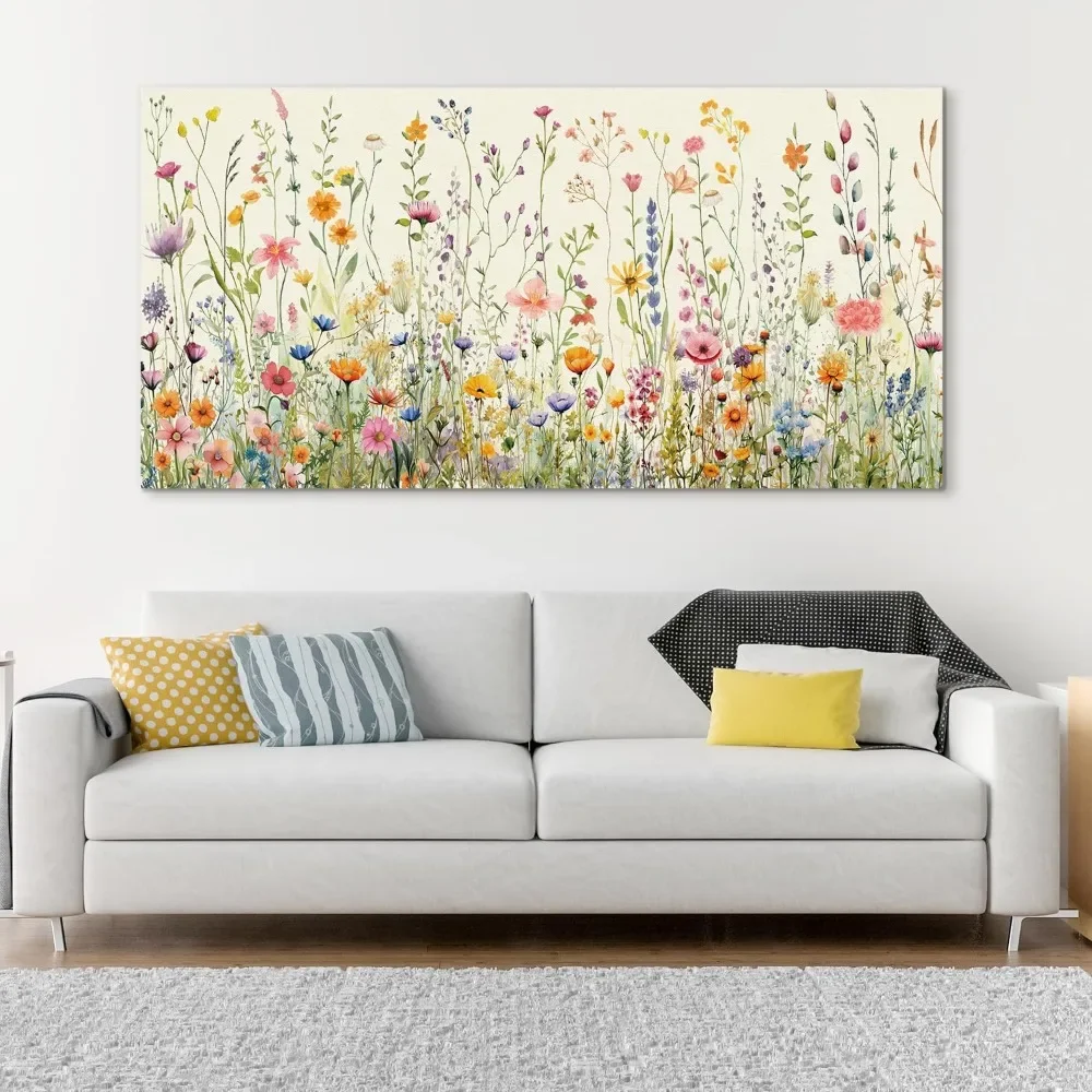 Colorful Flower Framed Canvas Wall Art Set, Watercolor Daisy Floral Wall Decor, Wildflower Green Leaf Wall Painting