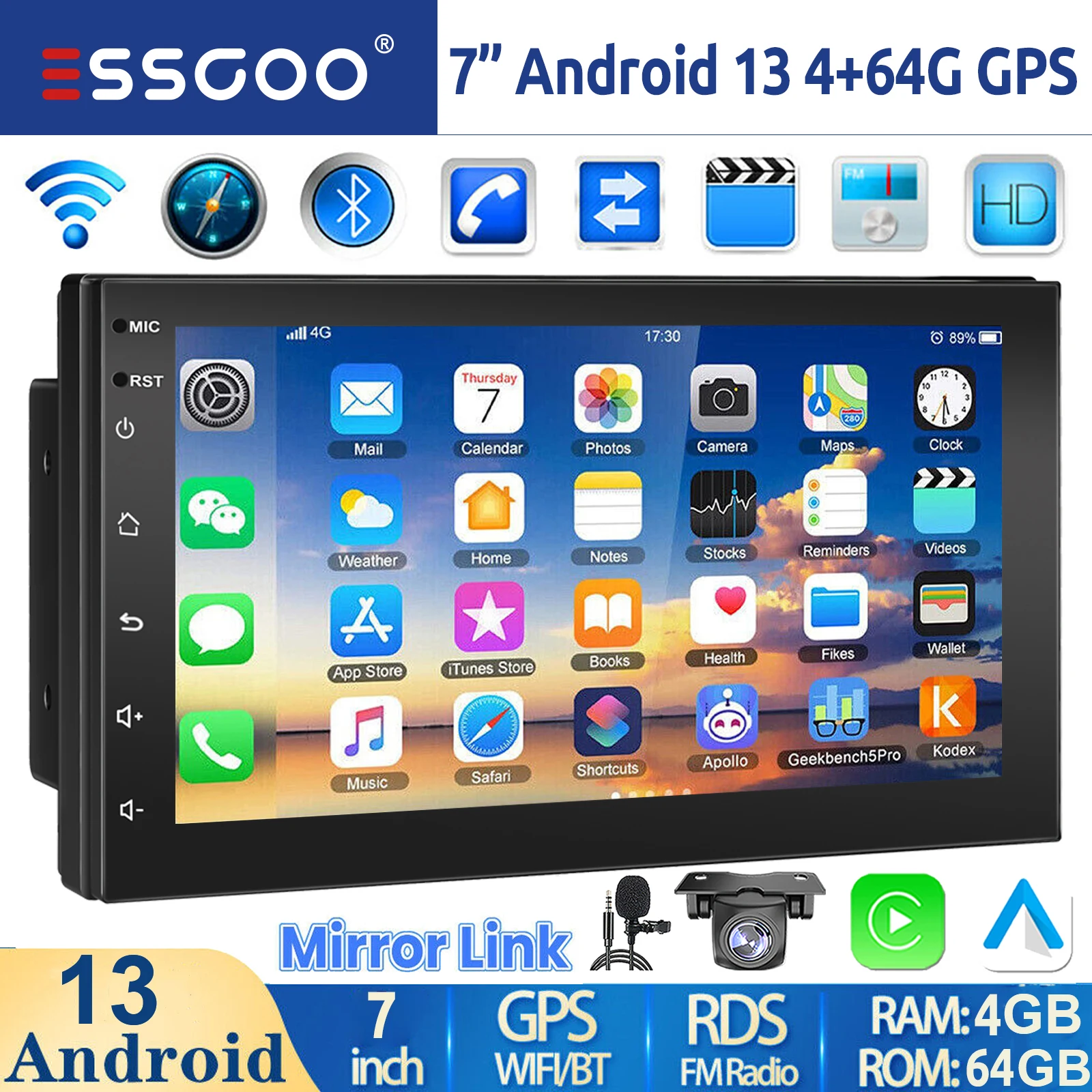 ESSGOO 2 DIN Android 14 7"/9"/10" 4+64G Autoradio Carplay Android Auto GPS Navigatie Bluetooth FM RDS Radio WIFI Touchscreen USB Mirror Link ChatGPT AI-stem