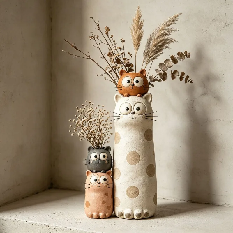 12cm Cartoon Cat Vase Cute Flower Pot Planter Small Bud Vase Fresh Cut Flowers Desktop Home Room Office Tabletop Decor