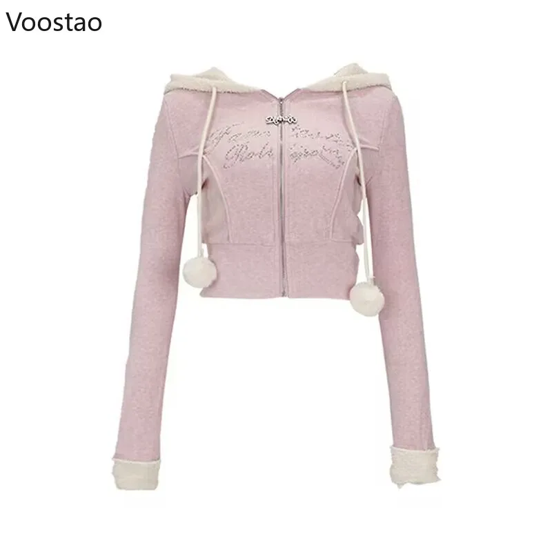 Autumn Pink Kawaii Lolita Two Piece Set Women Warm Hooded Coat Sweet Skirt Female Casual Korean Fashion Tracksuit Winter New