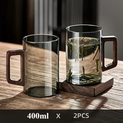 1/2pcs 400ml Glass Cups with Walnut Handle Household Heat-resistant Mug Large Capacity Tea Making Cup Office Drinking Glasses